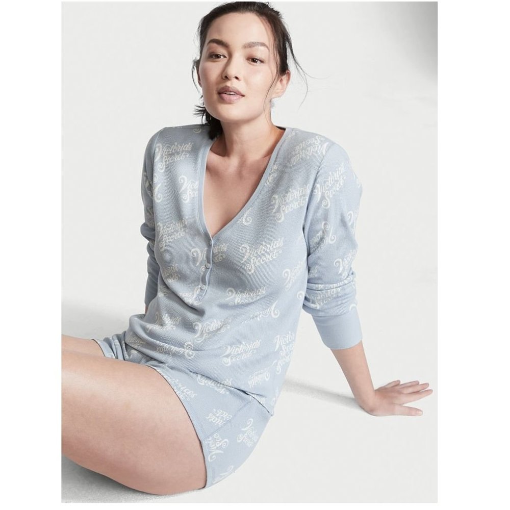 NEW Victoria's Secret Thermal Henley 2pc Short Pajama Set Script Logo Ice Blue L